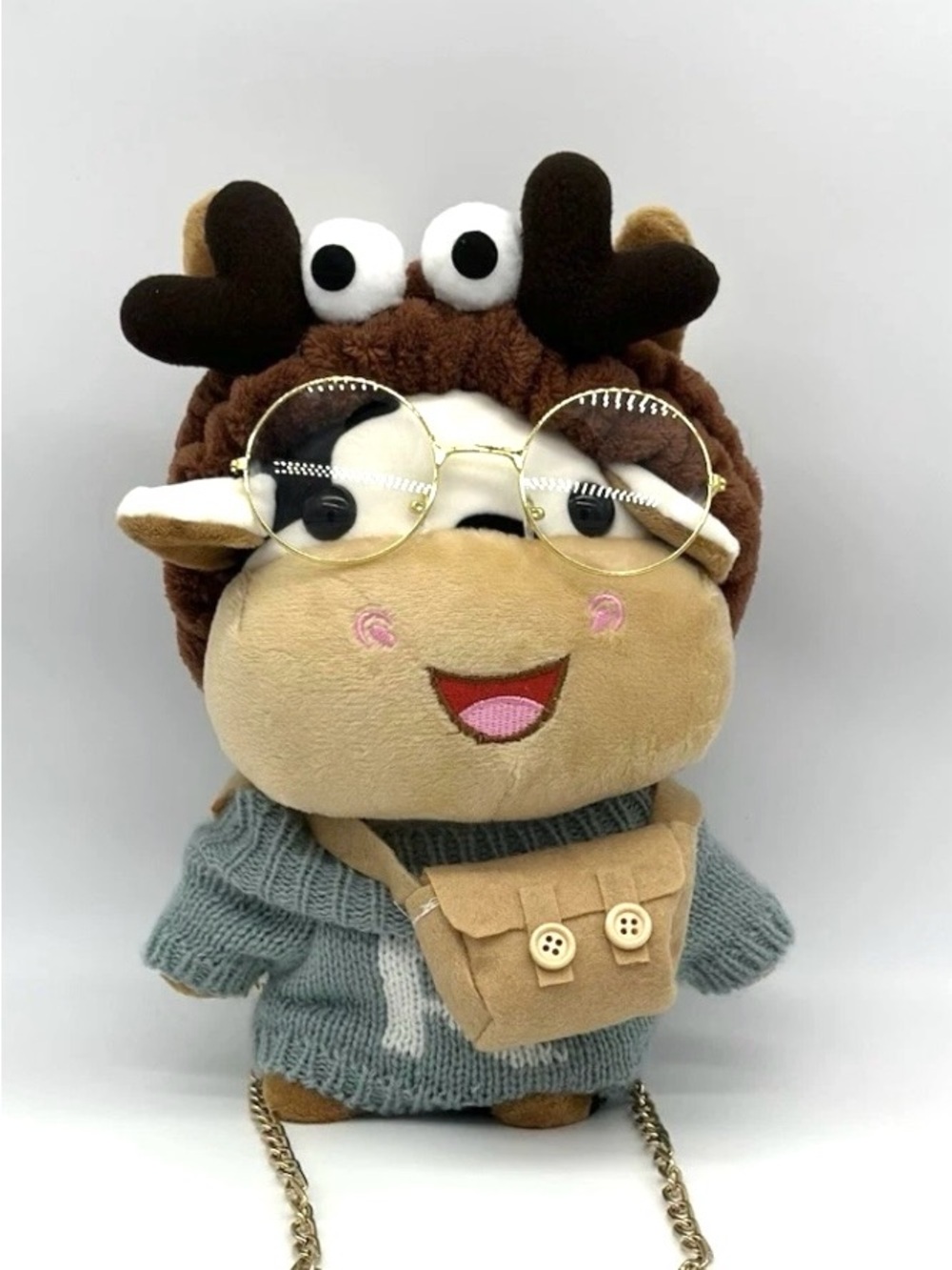 Women’s Brown Plush Deer Crossbody Bag with Glasses sweater and Moose Headband